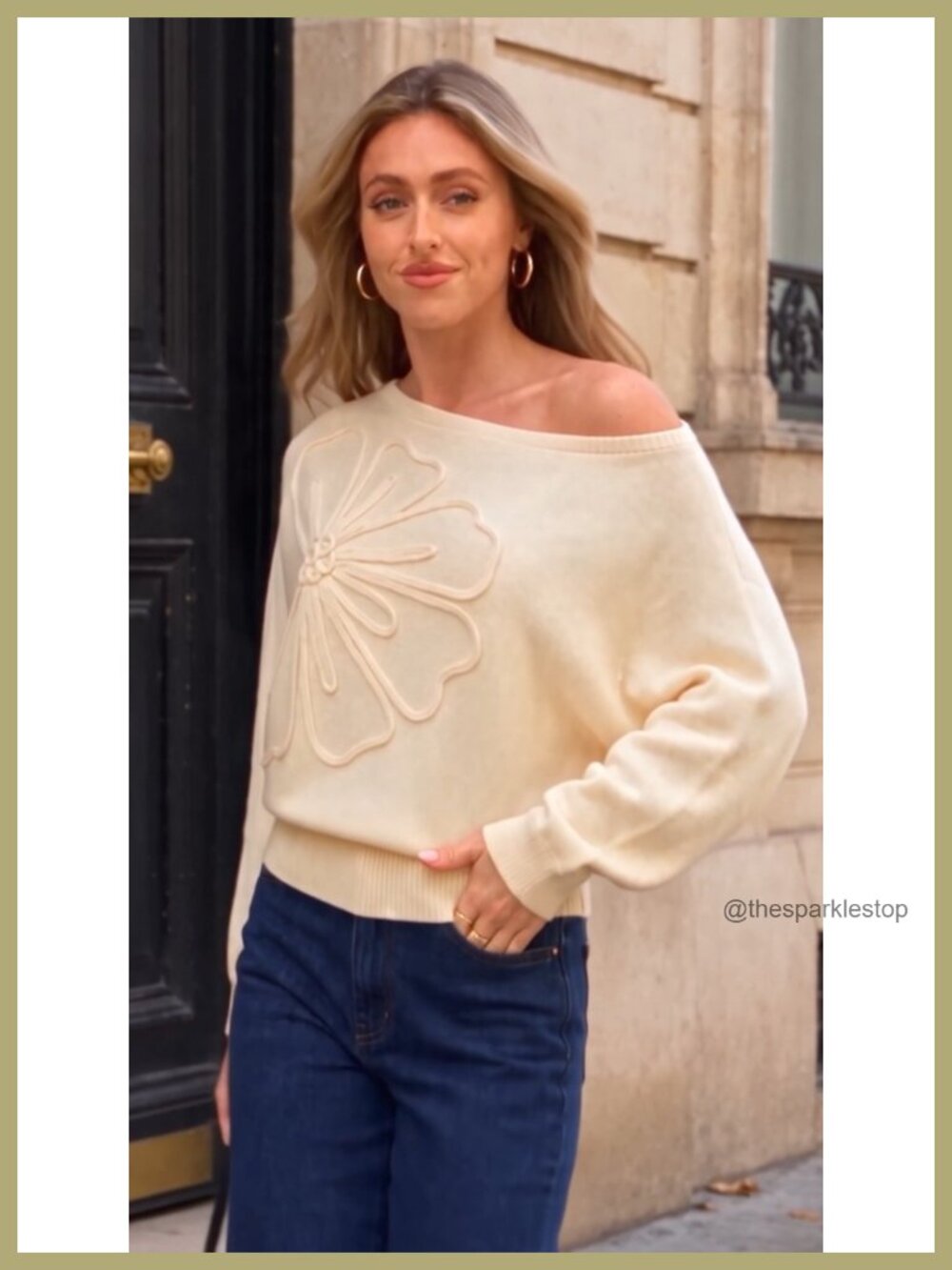 Off Shoulder Sweater Boat Neck 3D Flower Long Sleeve Crop Knit Pullover - Picture 6 of 6